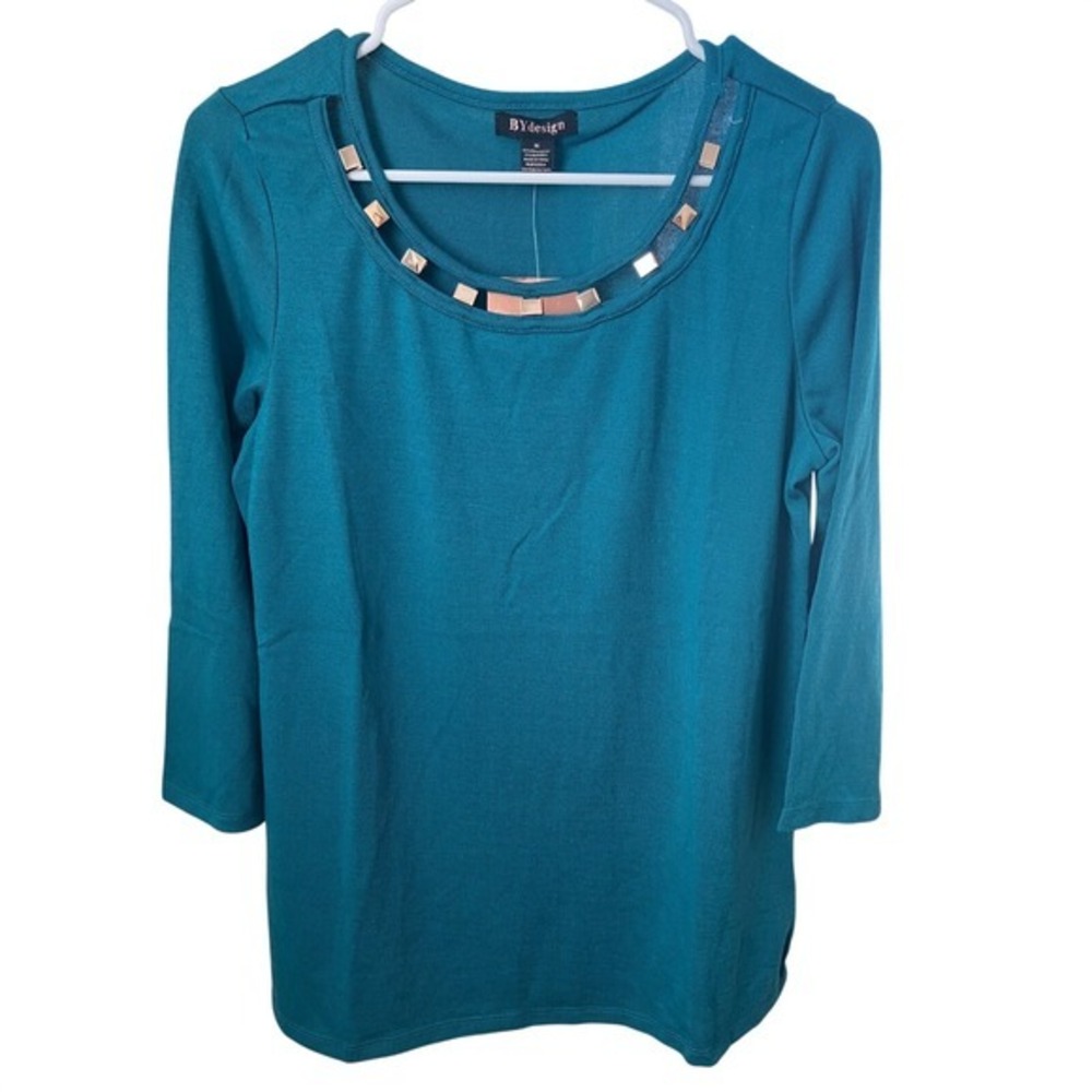 BYdesign Teal 3/4 Sleeve‎ Scoop Neck Knit Fashion Top Hardware Detail Size M NWT
